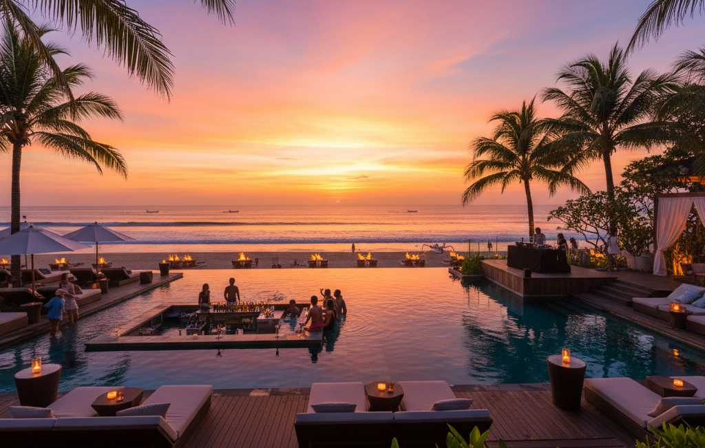 バリ島のビーチクラブとサンセット風景。プールサイドから眺める美しい夕日とリゾート空間