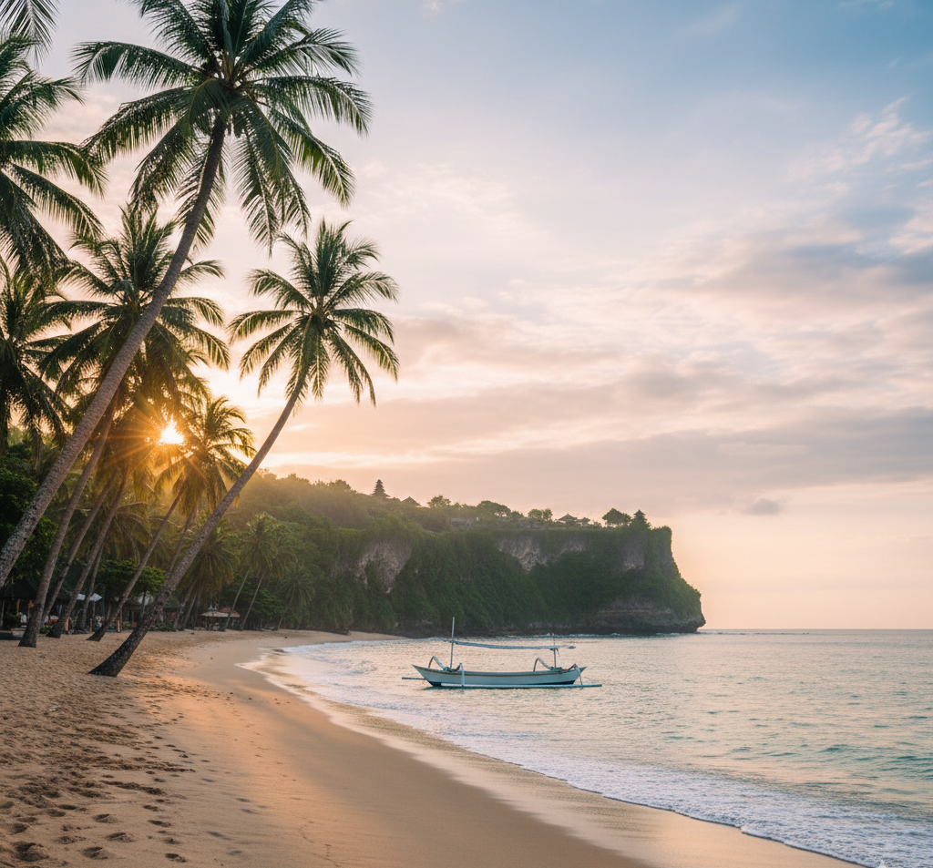 バリ島の美しいビーチとヤシの木の風景。青い海と白い砂浜、ヤシの木が並ぶトロピカルなリゾート風景