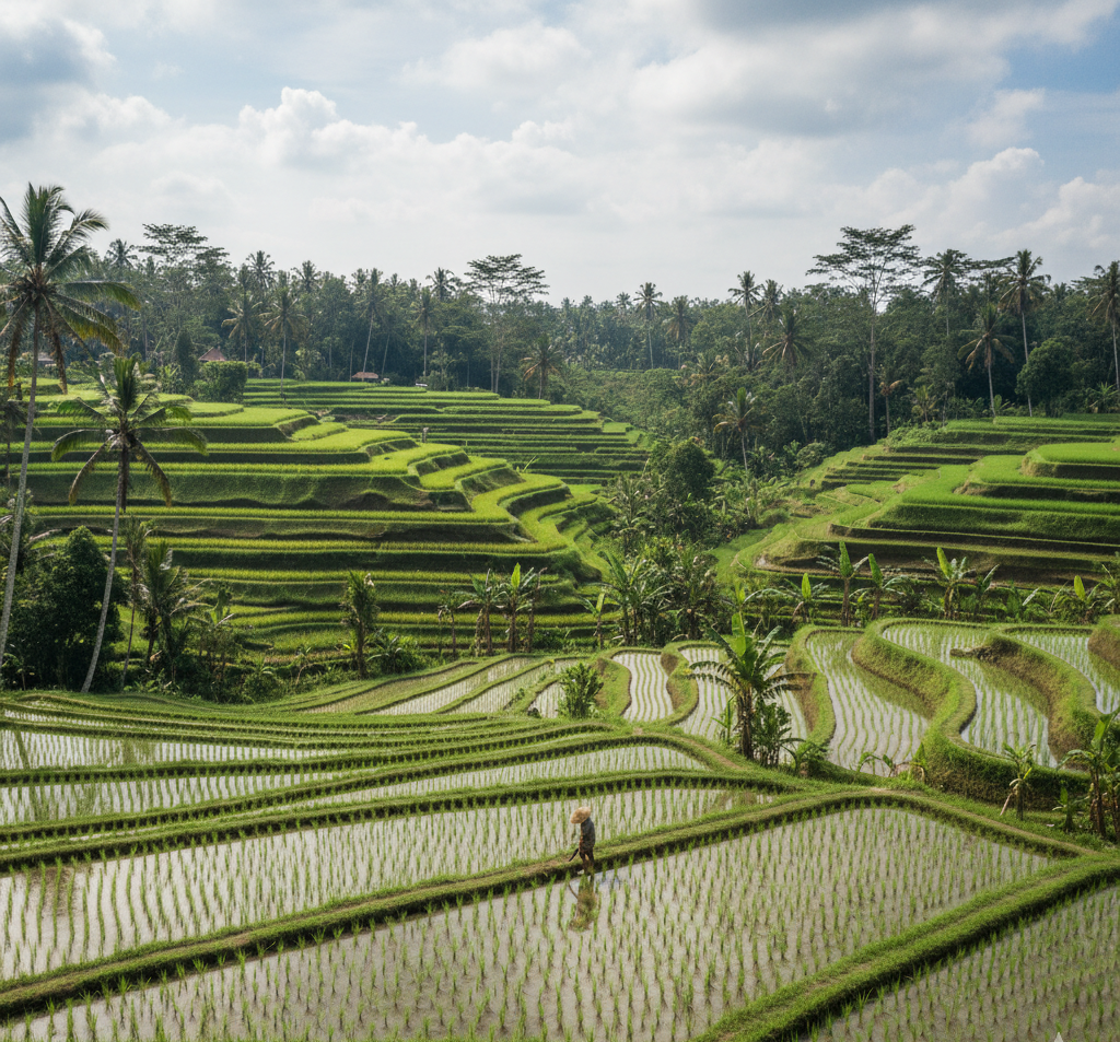 ウブドの美しいライステラス。緑豊かな棚田が段状に連なるバリ島の伝統的な農業風景