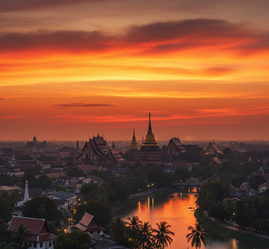チェンマイの夕暮れ。オレンジ色に染まる空と古都の寺院のシルエットが美しく調和した風景