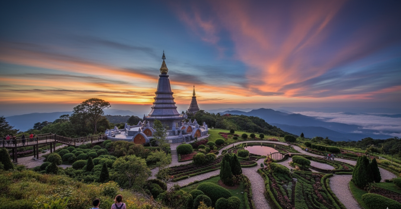 ドイインタノン国立公園の双塔。タイ最高峰ドイインタノン山頂に建つ国王と王妃を讃える美しい双塔が霧に包まれている景色