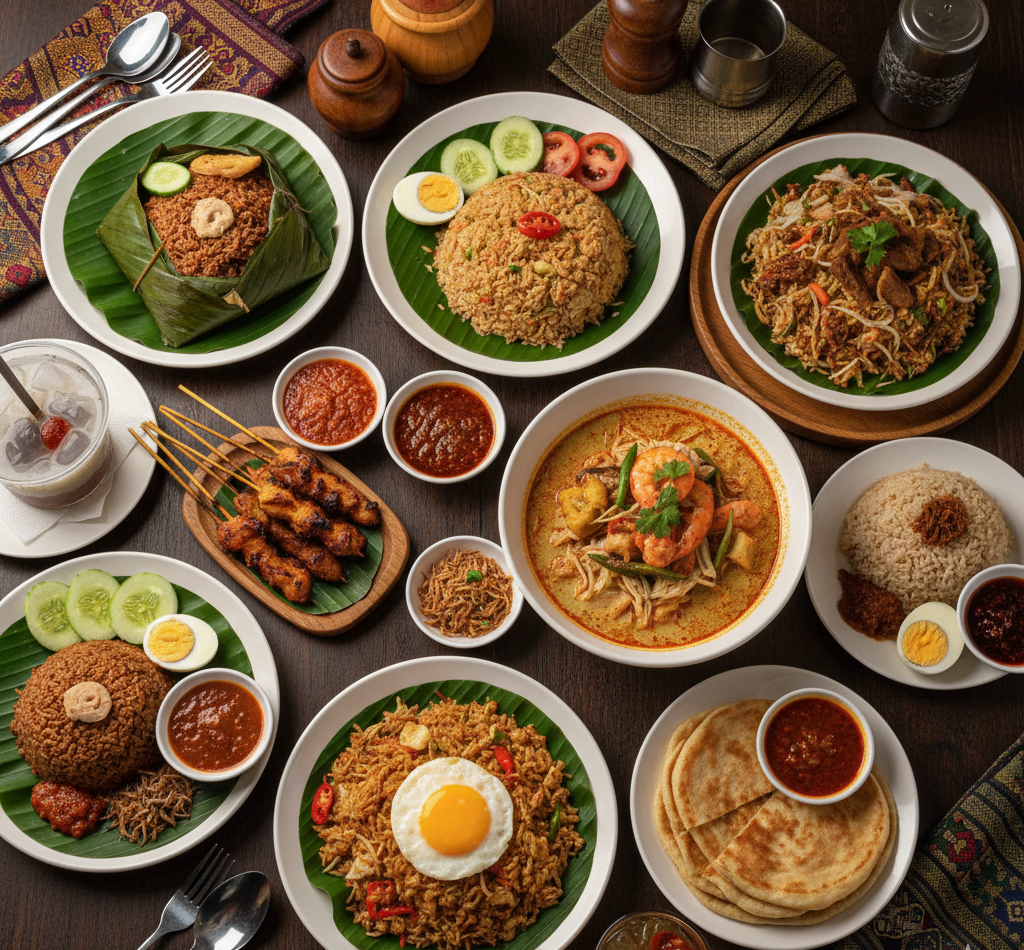 ナシレマやサテーなどマレーシア料理の盛り合わせ