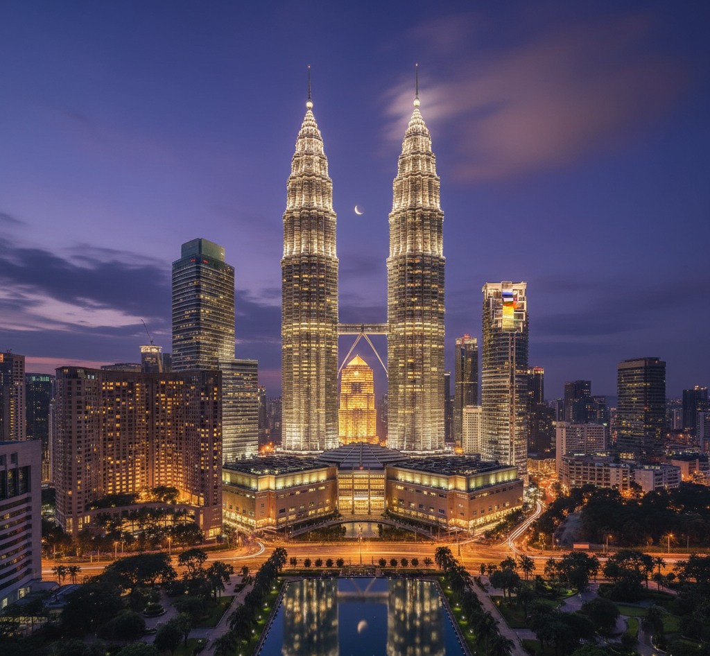 クアラルンプールのペトロナスツインタワーの夜景