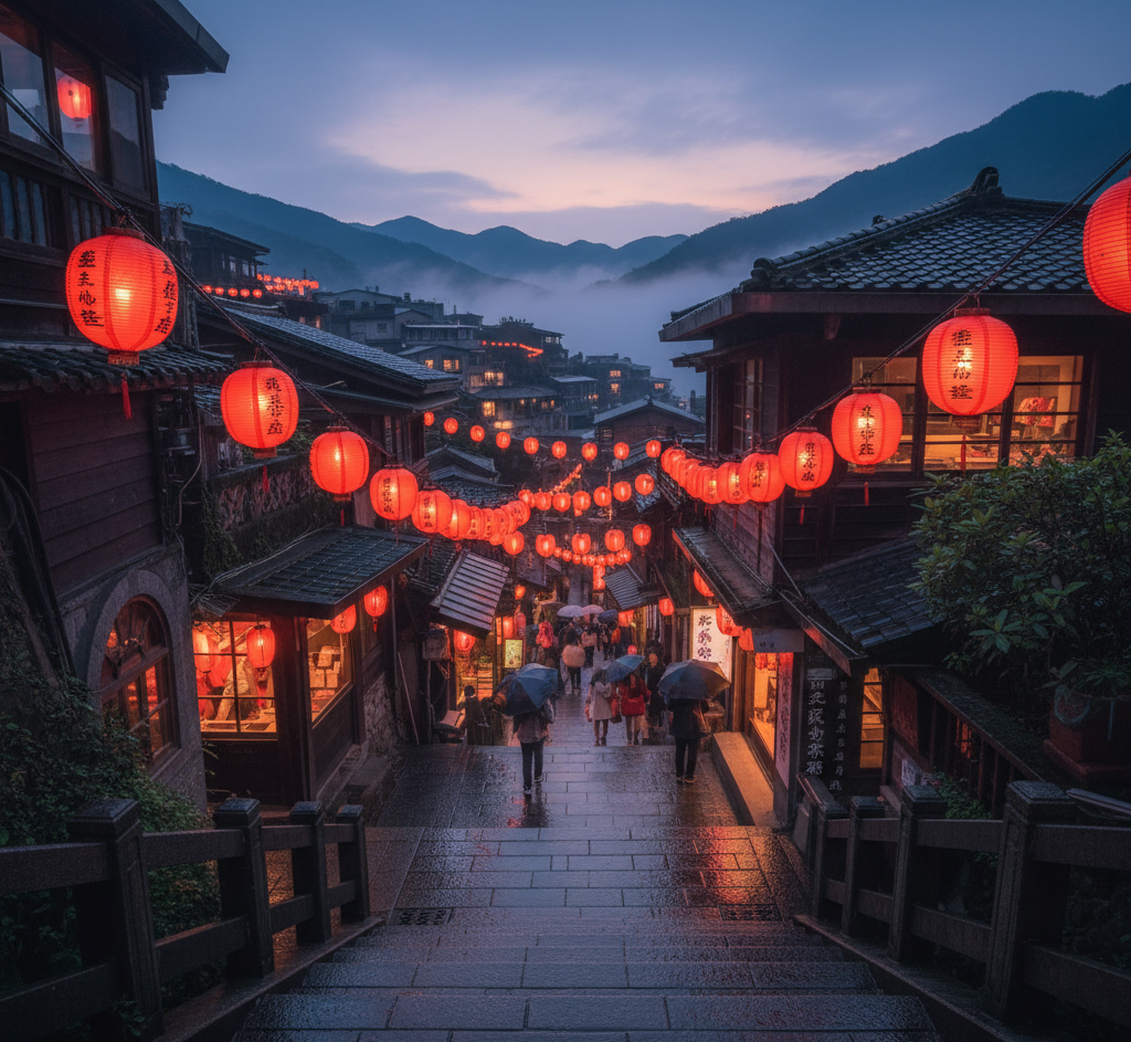 九份の赤提灯が灯る石段と伝統的な茶芸館が並ぶノスタルジックな街並み。夕暮れ時の幻想的な雰囲気