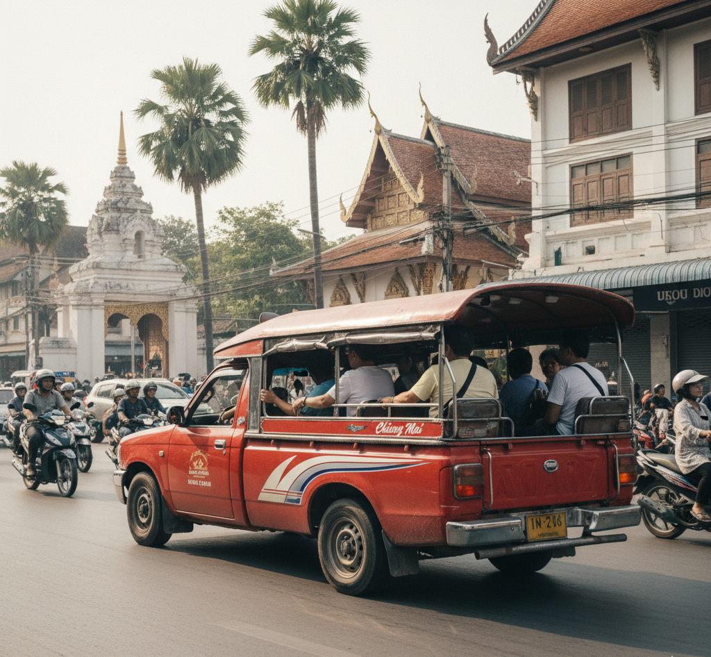 チェンマイの赤いソンテウ。チェンマイ市内を走る赤い乗り合いトラック型のローカル交通手段