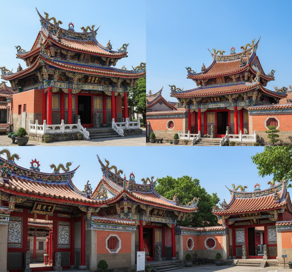 台南の歴史的寺院の精巧な装飾と鮮やかな色彩。中国式伝統建築の美しさを表現した歴史的建造物