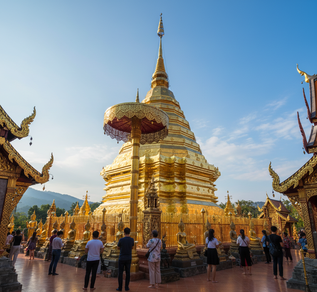 ワット・プラタート・ドイステープの黄金の仏塔。標高1,080mの山頂に輝く金色の仏塔と、309段の龍の階段が見える景色