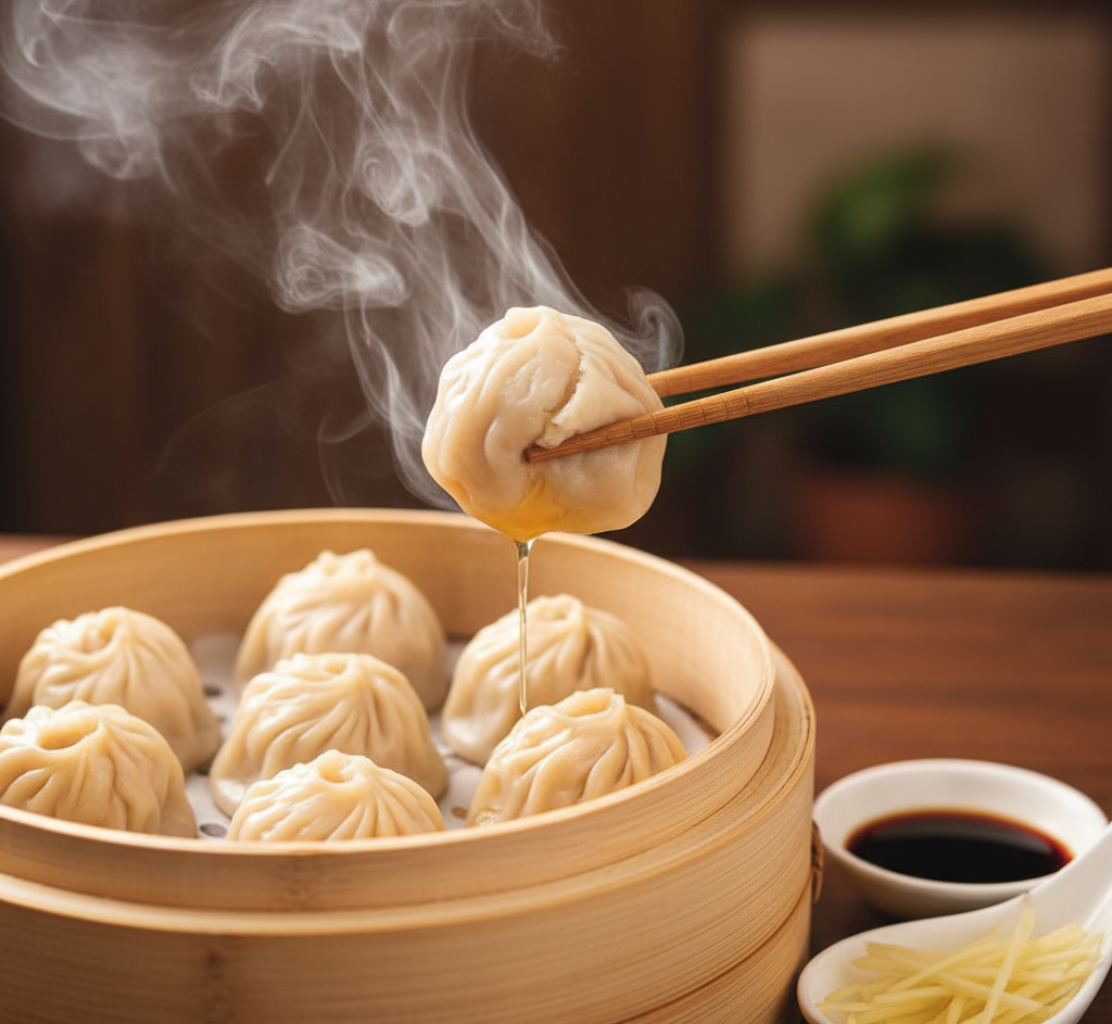 湯気の立つ小籠包が蒸籠に並んでいる様子。台湾を代表するグルメの小籠包