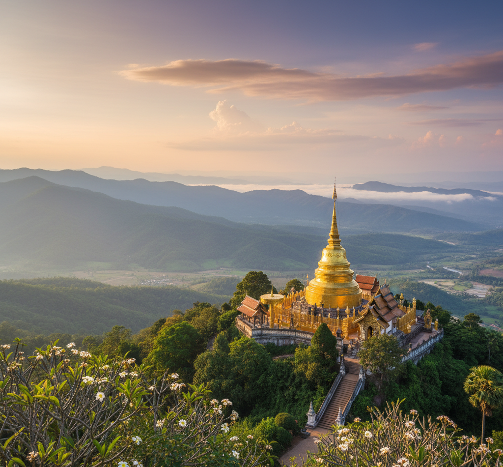 チェンマイの美しい寺院と山々の風景。黄金の仏塔と緑豊かな山々が広がるパノラマビュー