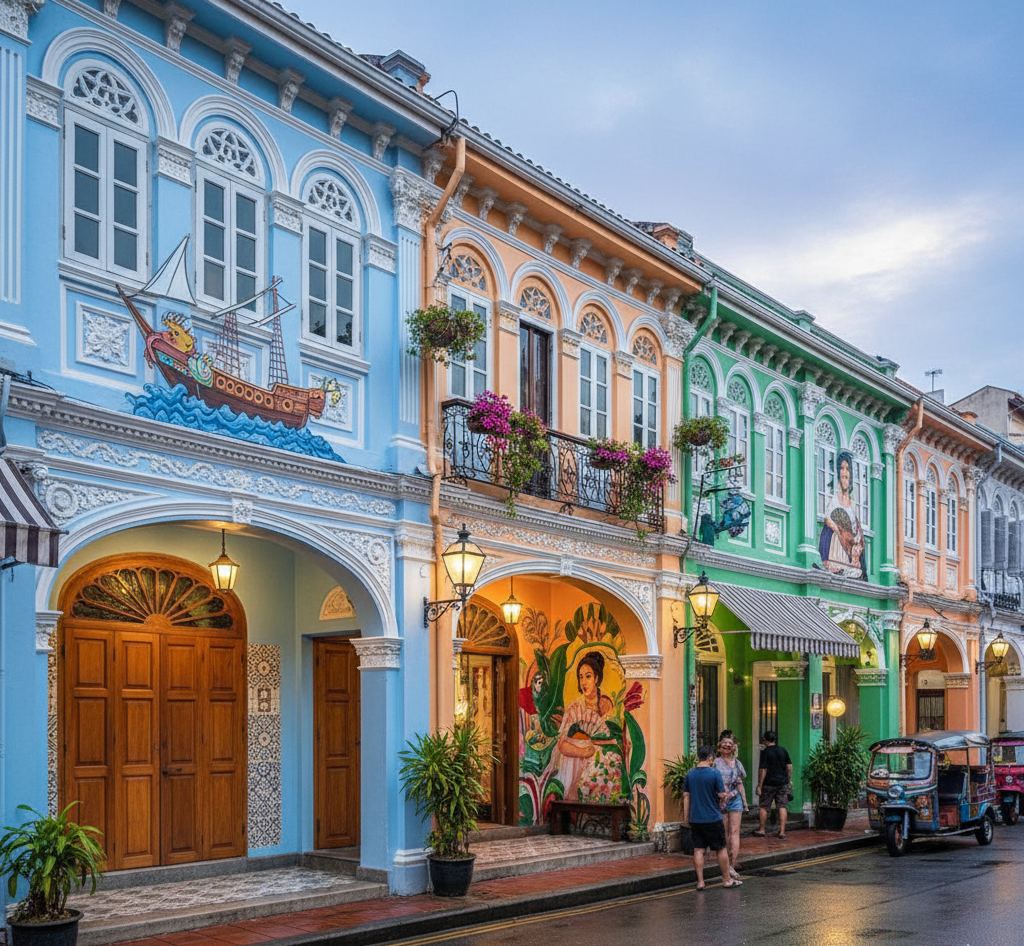 プーケットオールドタウンのカラフルなシノポルトガル様式の建物