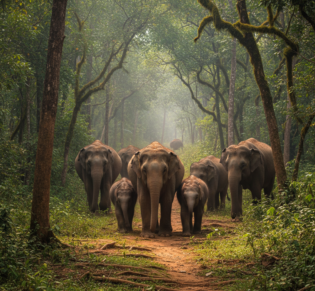 タイの国立公園内を移動する野生象の群れ。自然な生息地の中で、母象と子象を含む象の家族が森林の中を歩いている様子。タイにおける野生象保護・象保護活動の重要性を示す写真。タイ自然・環境保護