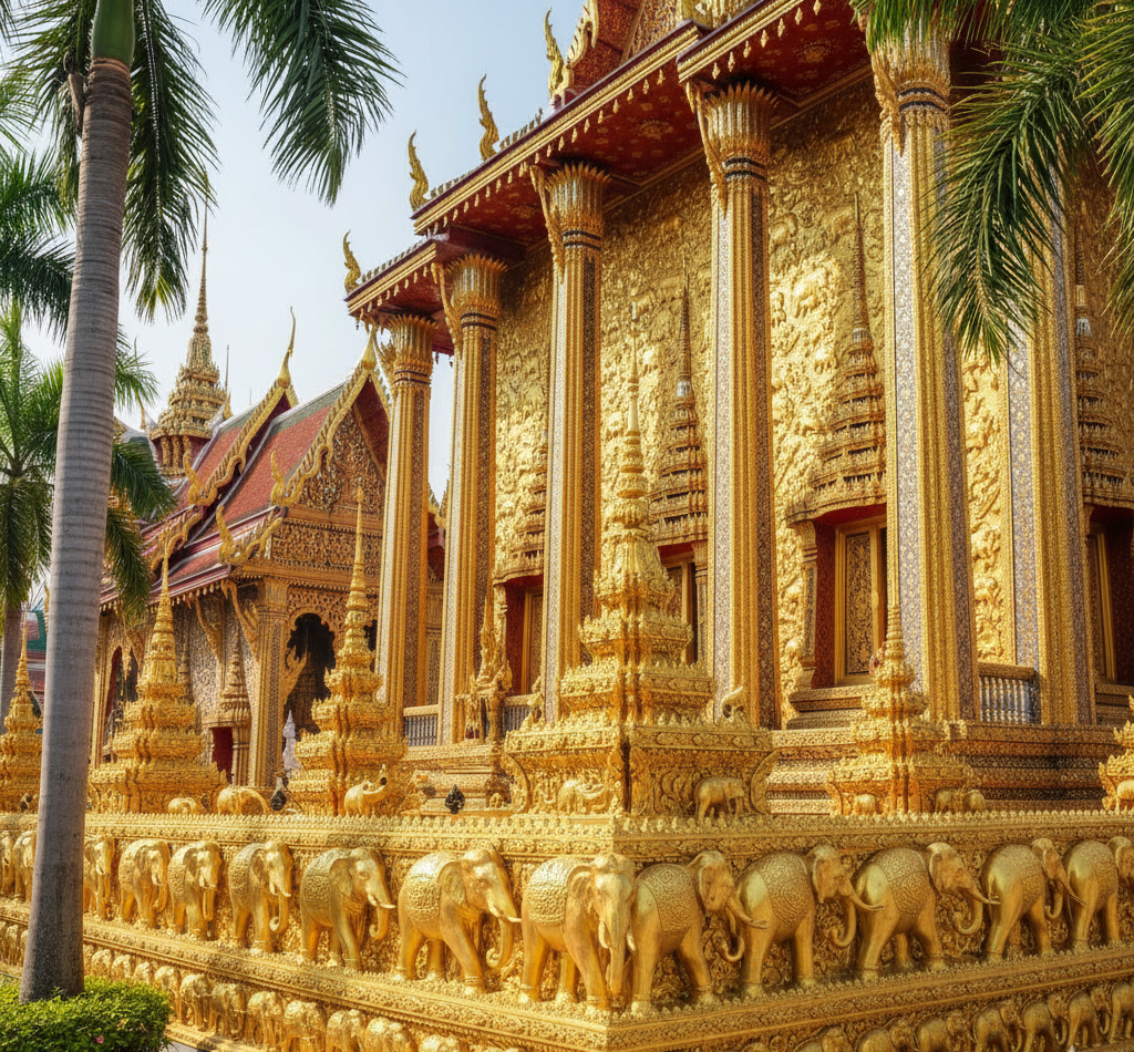 タイの仏教寺院に施された象の彫刻装飾。金色に輝く象のモチーフが寺院の壁面を飾り、タイ仏教における象の宗教的重要性を表現。バンコクやチェンマイなどタイ寺院の仏教建築と象文化の融合を示す写真。タイ文化・タイ旅行