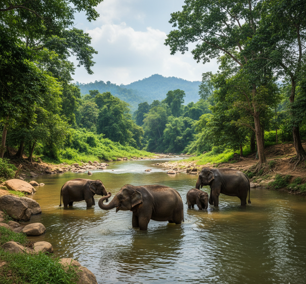 チェンマイのエレファントサンクチュアリで自由に水浴びをする象たち。自然な環境の中で、複数の象が川で戯れている様子。倫理的な象観光・象保護施設における象の幸せな暮らしを示す写真。タイ旅行・動物福祉