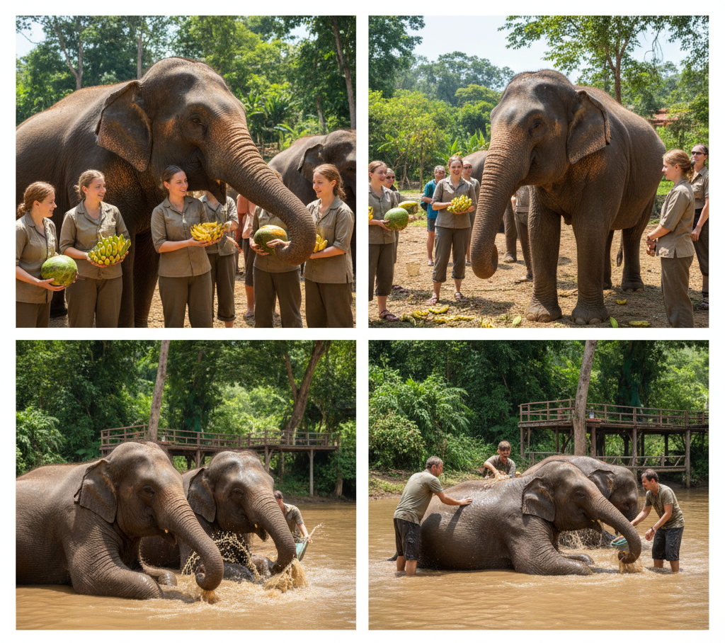 チェンマイのエレファントサンクチュアリで象の世話をするボランティアと観光客。象に果物を与えたり、一緒に水浴びをしたりする様子。倫理的な象観光・タイ旅行・象保護活動の実践例を示す写真。タイ動物福祉