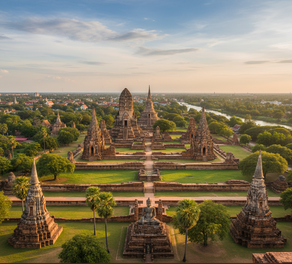 タイ・アユタヤ歴史公園の古代寺院遺跡と崩れた仏塔の夕景