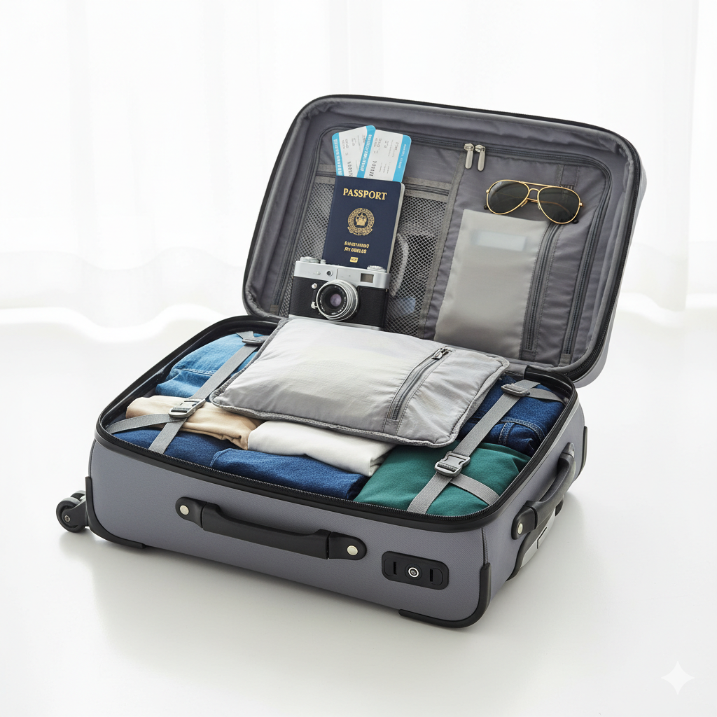 完璧な旅行パッキング例 整理整頓されたスーツケースで快適な旅の準備完了