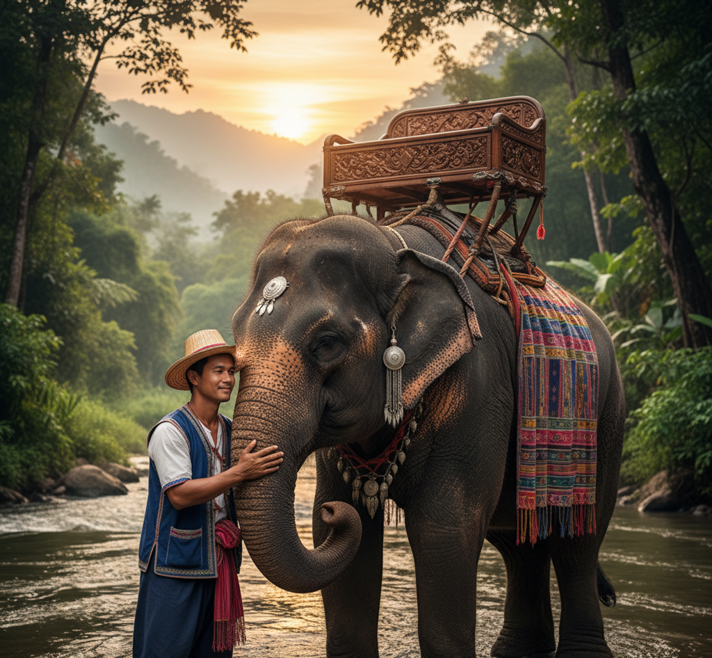 タイの象使い（マホート）と象の絆を示す写真。伝統的な装飾を施されたタイの象と、民族衣装を着た象使いが寄り添っている様子。チェンマイやアユタヤなどタイ文化における象と人間の深い関係性を象徴する画像。タイ旅行・エレファントキャンプ