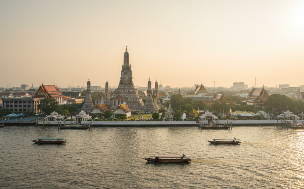 タイ・バンコク旧市街ラタナコーシン島の伝統的寺院建築と黄金の仏塔