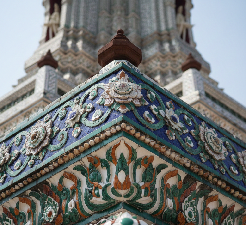 ワット・アルンの大仏塔を飾る色とりどりの陶器片と中国陶磁器の装飾