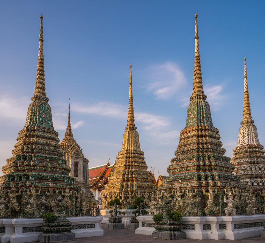 ワット・ポーの色とりどりの仏塔群、緑・黄・青・白のタイルで装飾された4基の巨大な仏塔が並ぶ