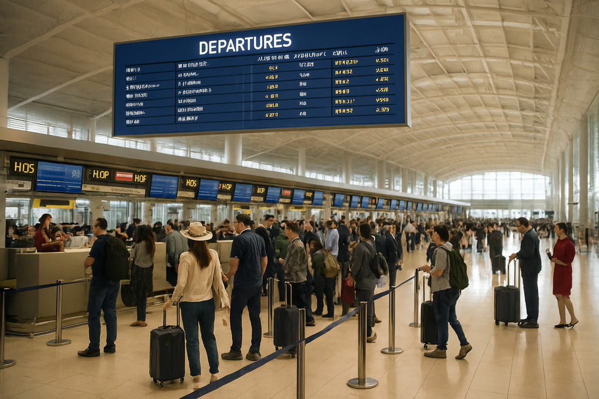 バンコク空港の出発ロビー、チェックインカウンターに多くの旅行者が並んでいる様子