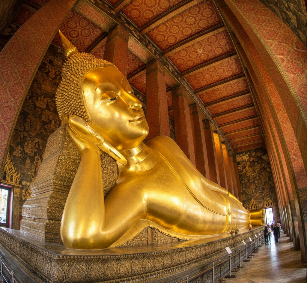 ワット・ポーの全長46メートルの黄金涅槃仏、横たわる姿勢で右手を頭の下に置き、穏やかな表情を浮かべている