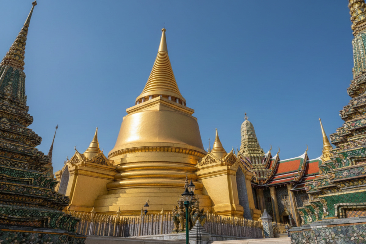 ワット・プラケオの黄金の仏塔群プラ・シー・ラッタナー・チェーディーを中心に複数の金色の尖塔が青空に映える様子、手前には色鮮やかなモザイク装飾が施された建造物