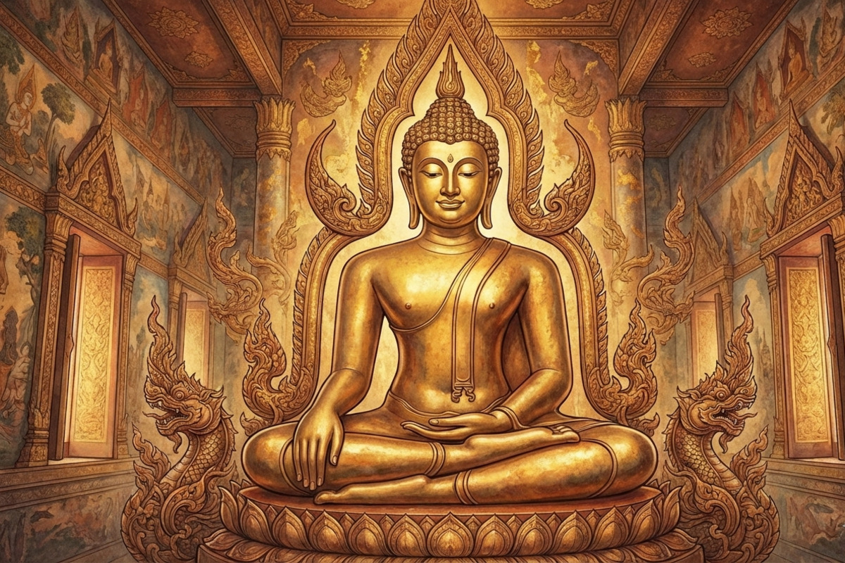 タイやラオスの寺院にある降魔印の仏像を描いたイラスト