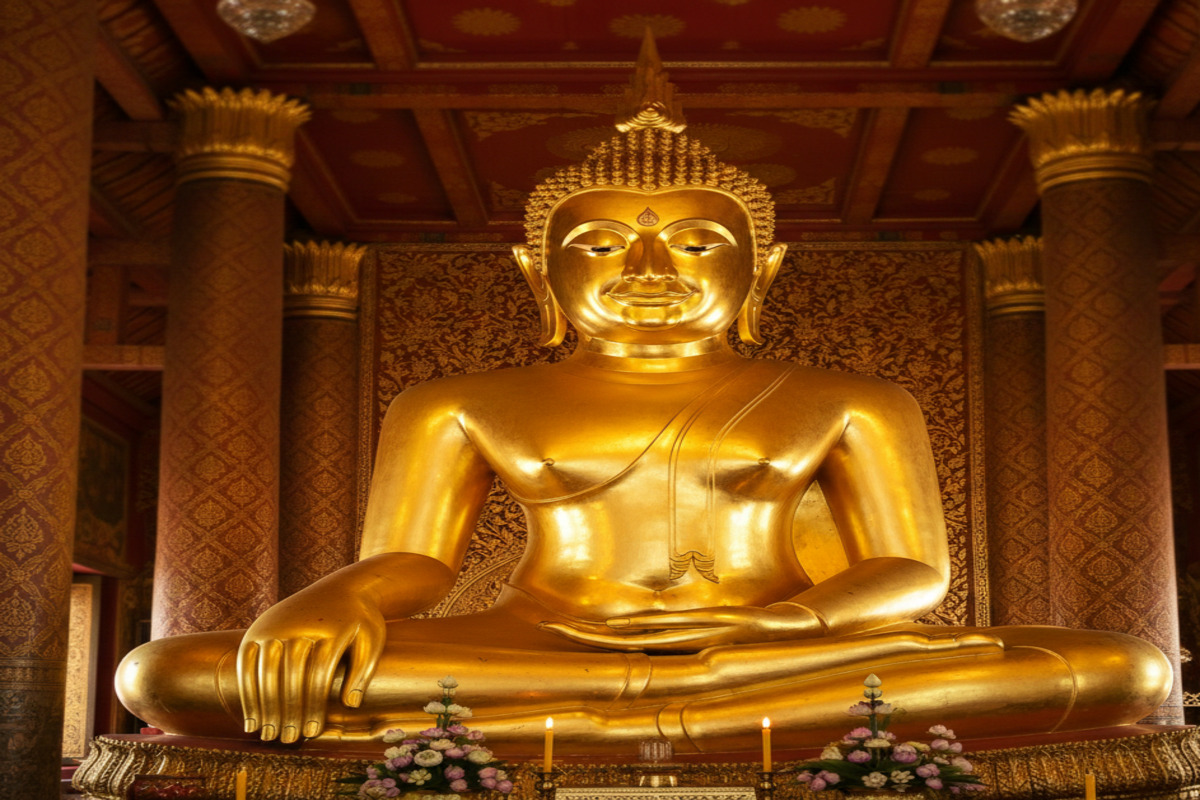 タイの仏像 降魔印を示す仏像 右手を膝の上で下に向け左手は膝の上に置く黄金の仏像