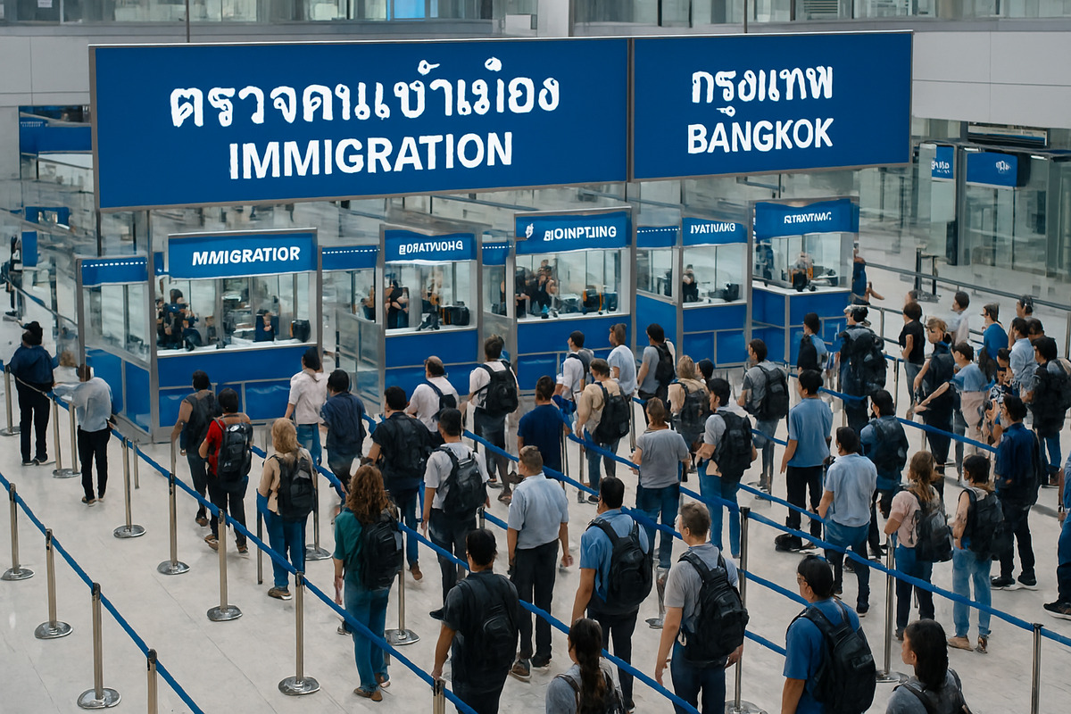 バンコク空港の入国審査エリア、複数のブースに旅行者が列を作っている様子