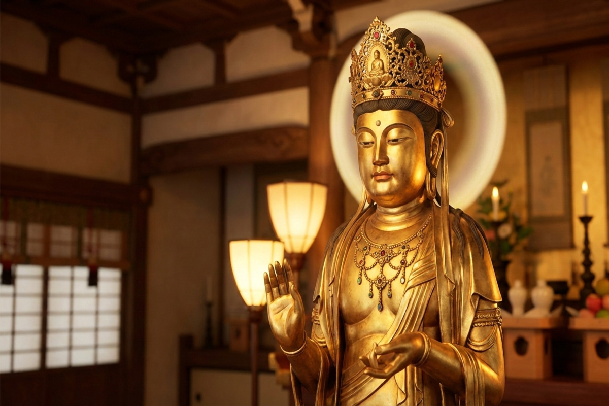 日本の寺院に安置された慈悲深い表情の観音菩薩像