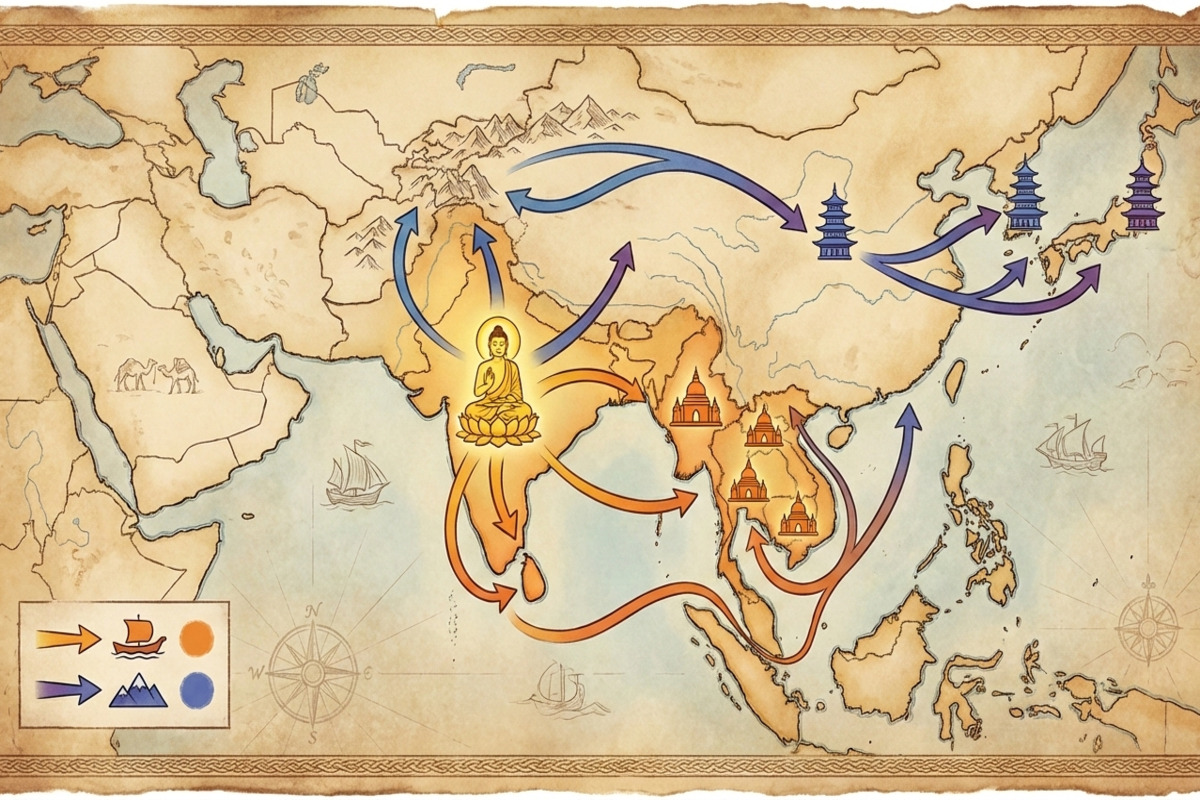 仏教の伝播ルート：南伝仏教（上座部）と北伝仏教（大乗）の広がり図