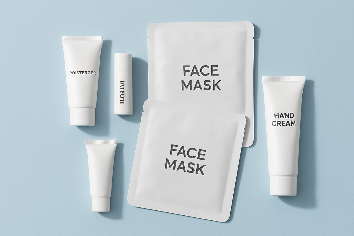 機内で使用する保湿グッズやマスク、リップクリームなどが並んでいる様子