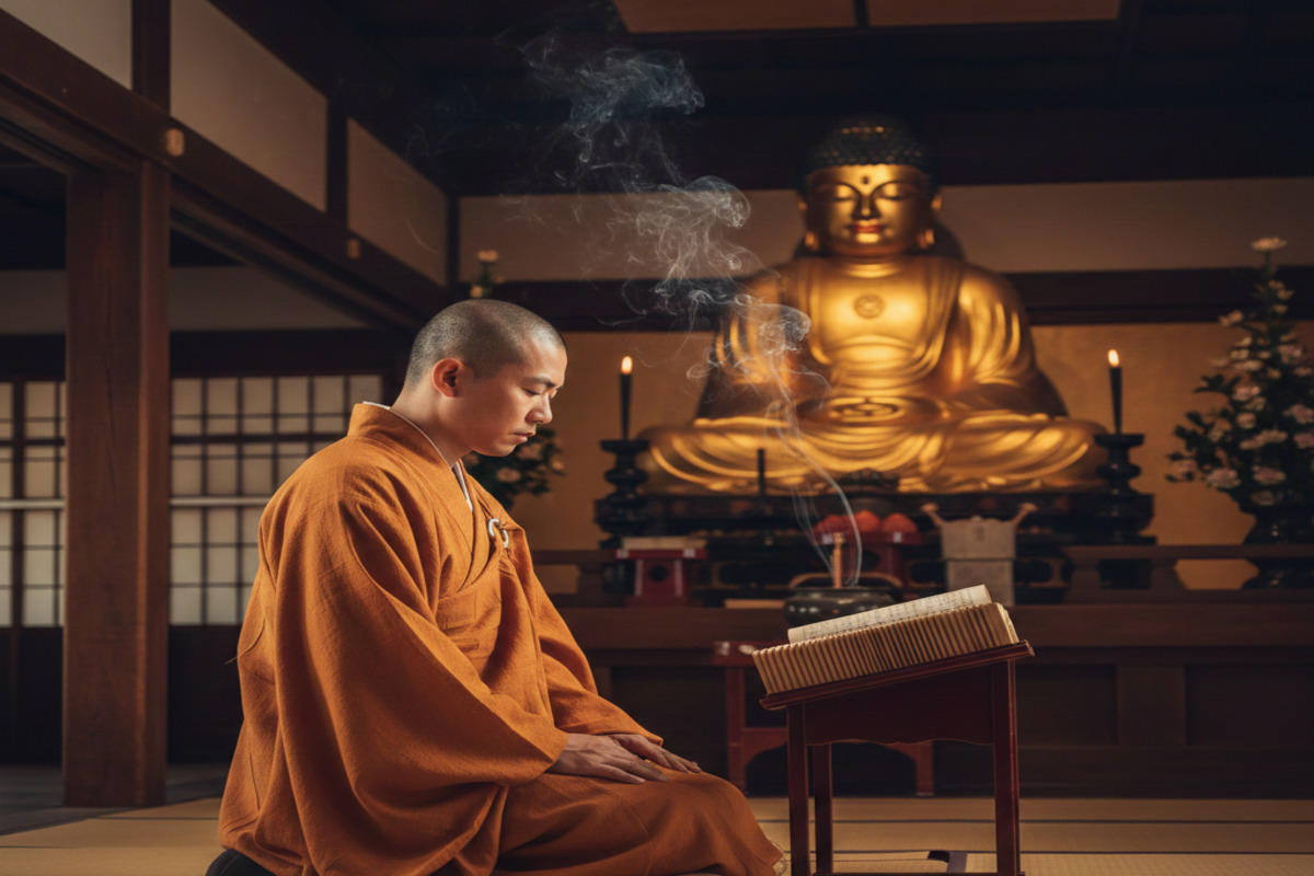 日本の寺院で僧侶が経典を読誦している様子。オレンジ色の袈裟を着た僧侶が経典を開いて読経し、背景には金色の仏像と装飾が見える