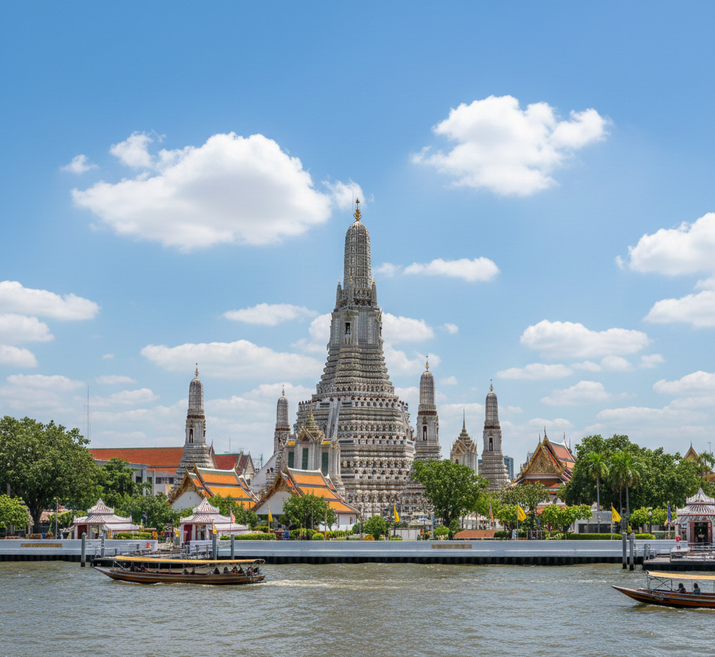 チャオプラヤー川から望むワット・アルンの大仏塔と周辺の景観