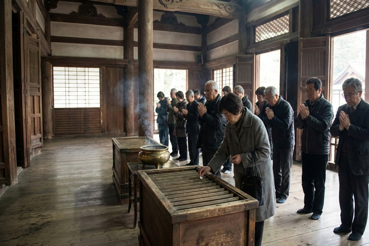 日本の寺院で参拝する人々 本堂前で賽銭を入れ合掌して参拝する人々 静かに祈りを捧げる様子