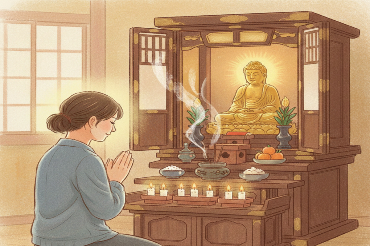 伝統的な仏壇の前で静かに手を合わせて祈りを捧げる様子。金色の装飾と蝋燭の灯りが厳かな雰囲気を醸し出している