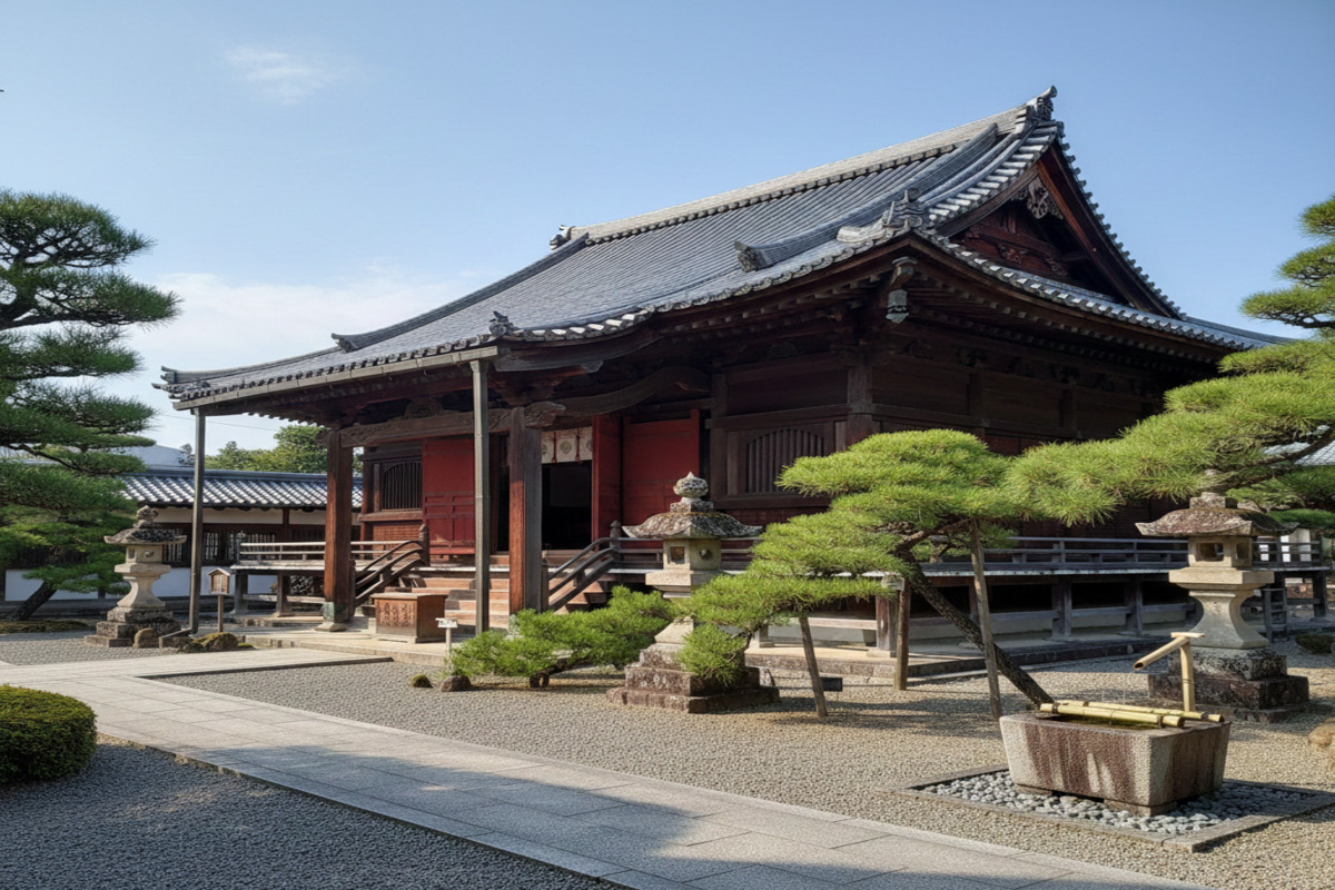 緑に囲まれた日本の伝統的な寺院の本堂と境内。石畳の参道と美しい庭園が調和した静寂な空間