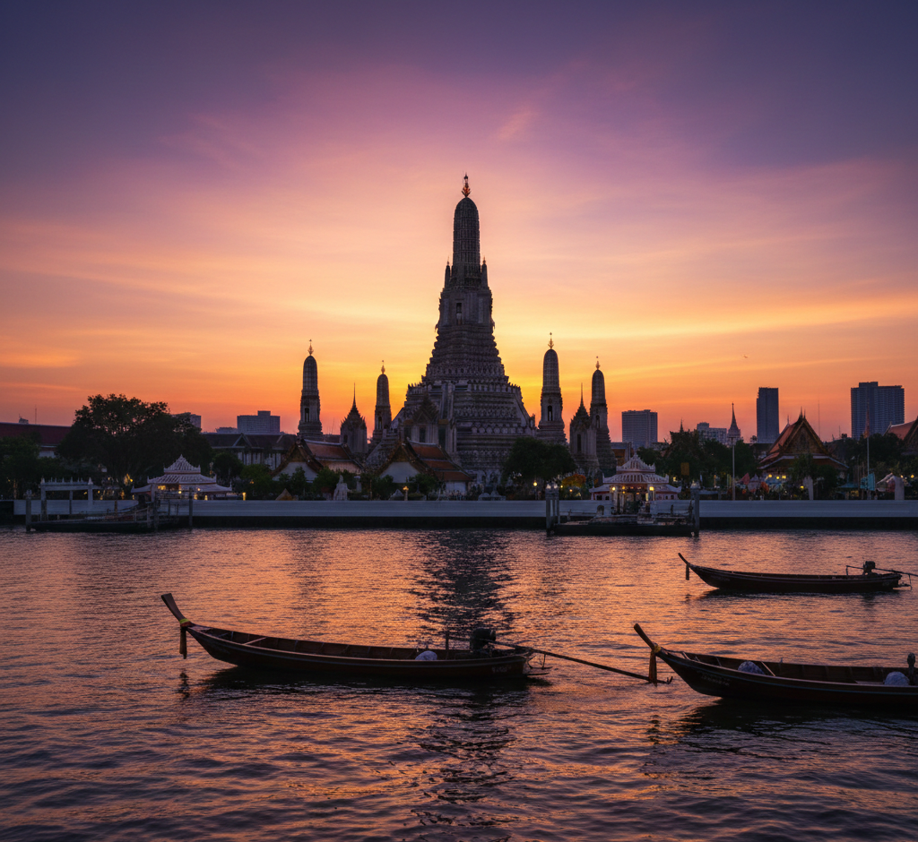 夕日に照らされるワット・アルンのシルエットとチャオプラヤー川の黄金色の水面