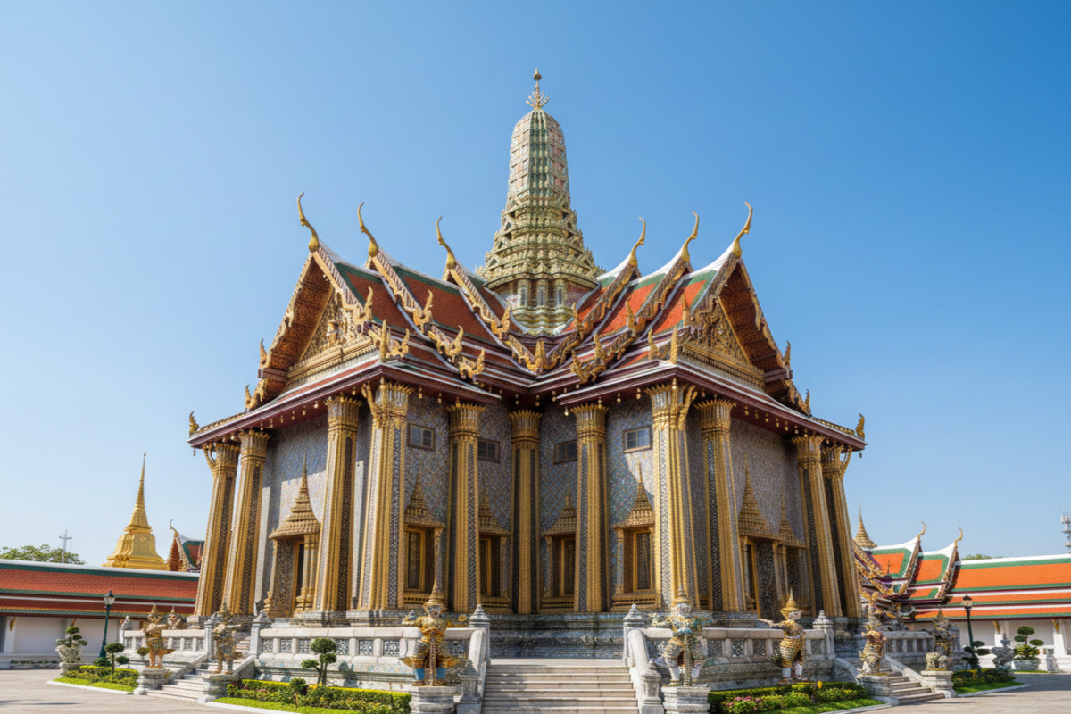 ワット・プラケオの本堂（プラ・ウボソット）金色の屋根と色鮮やかなモザイク装飾が施された外観