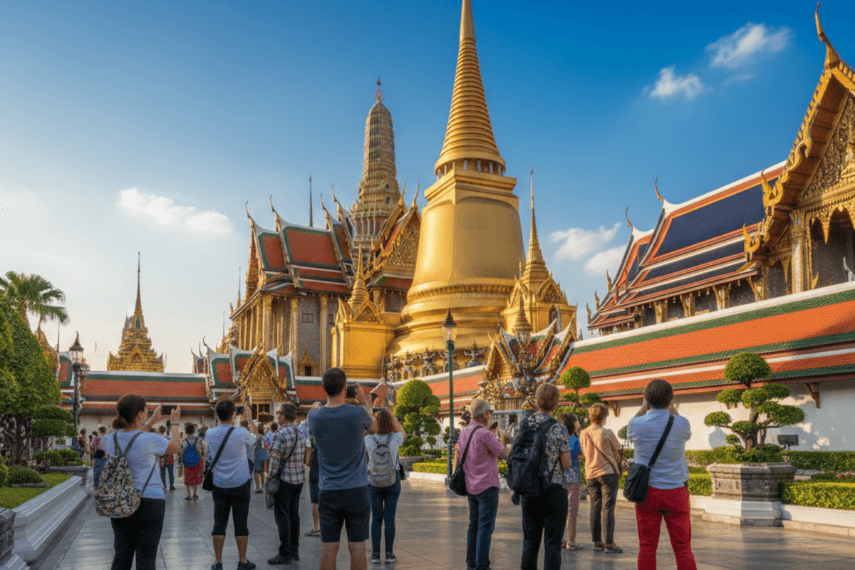 バンコクの寺院で写真撮影をする観光客、マナーを守った撮影例、ワットプラケオやワットポーでの適切な撮影方法