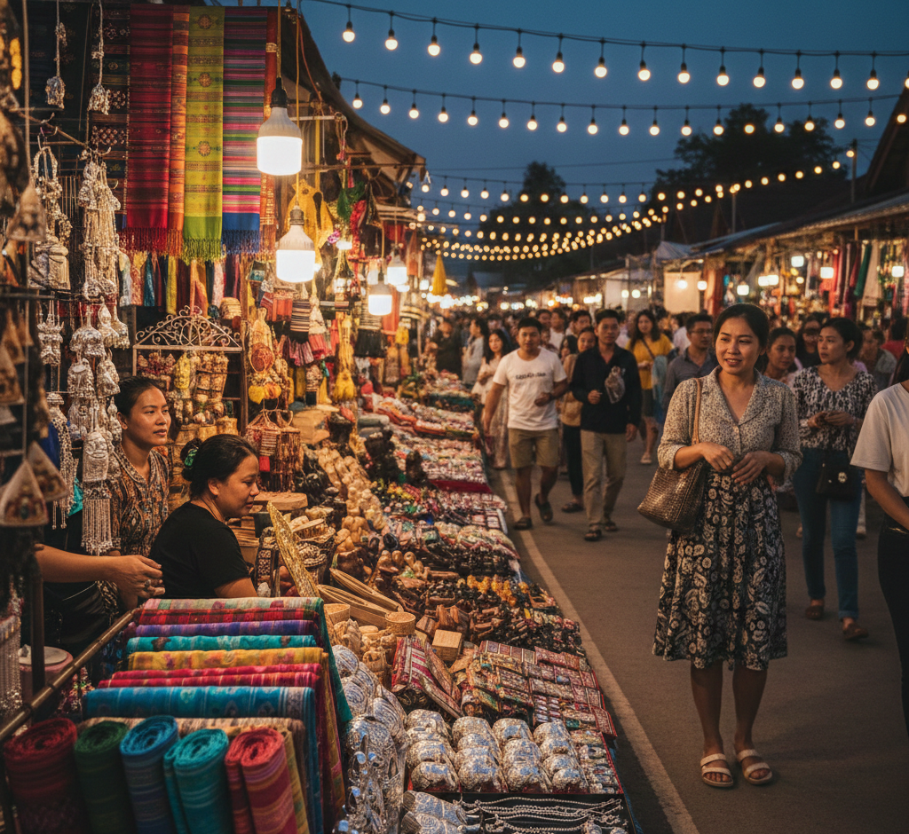 色とりどりの手工芸品が並ぶビエンチャンのナイトマーケット