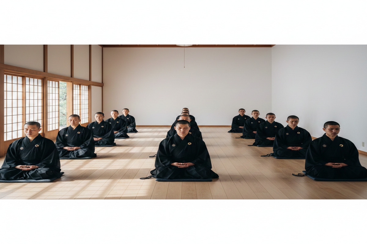 日本の禅寺で座禅を組む修行僧たちの様子 静寂な禅堂で背筋を伸ばして座る黒い僧衣の僧侶たち