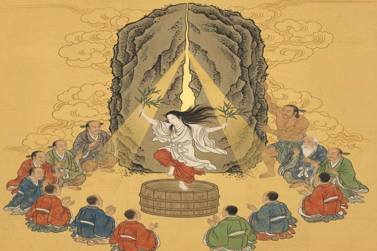 天岩戸の前で神懸かりの踊りを踊るアメノウズメと、それを見て笑う八百万の神々、岩戸から覗くアマテラス