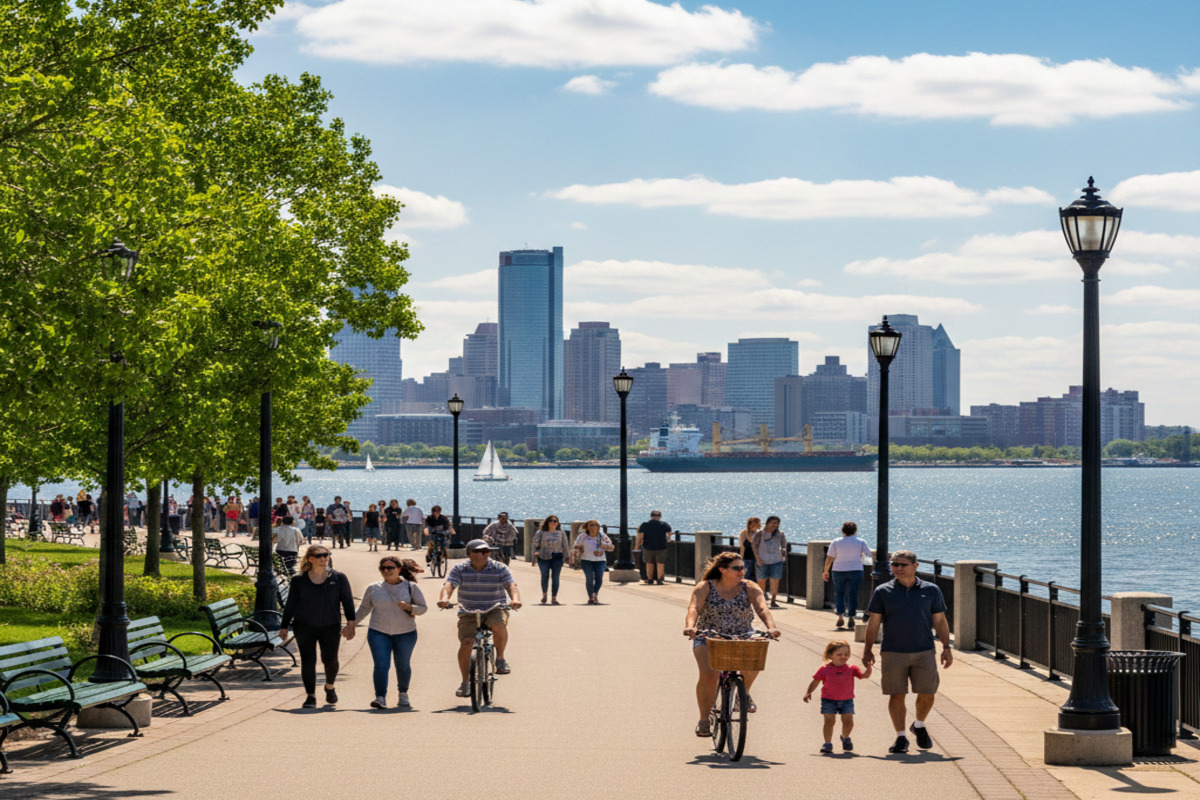 デトロイトリバーウォークの美しい遊歩道、背景にデトロイト川とカナダのウィンザー市が見える