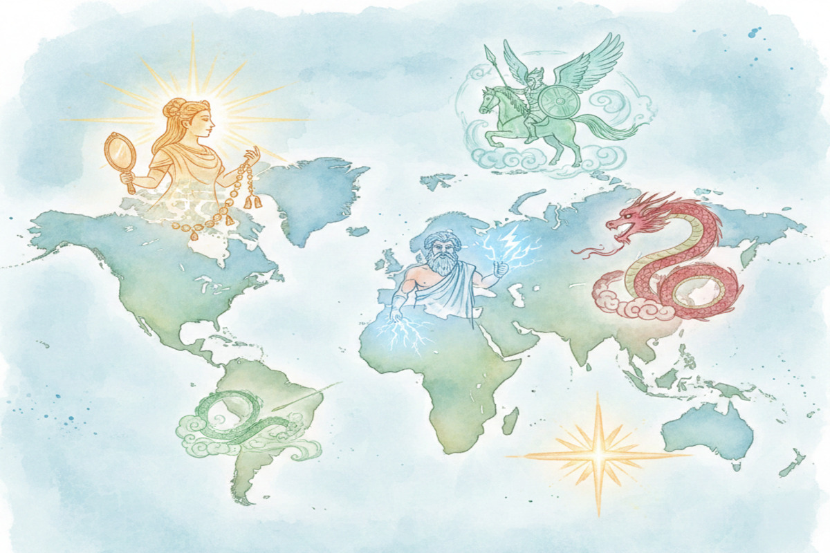 世界各国の建国神話を象徴するシンボルが配置された世界地図