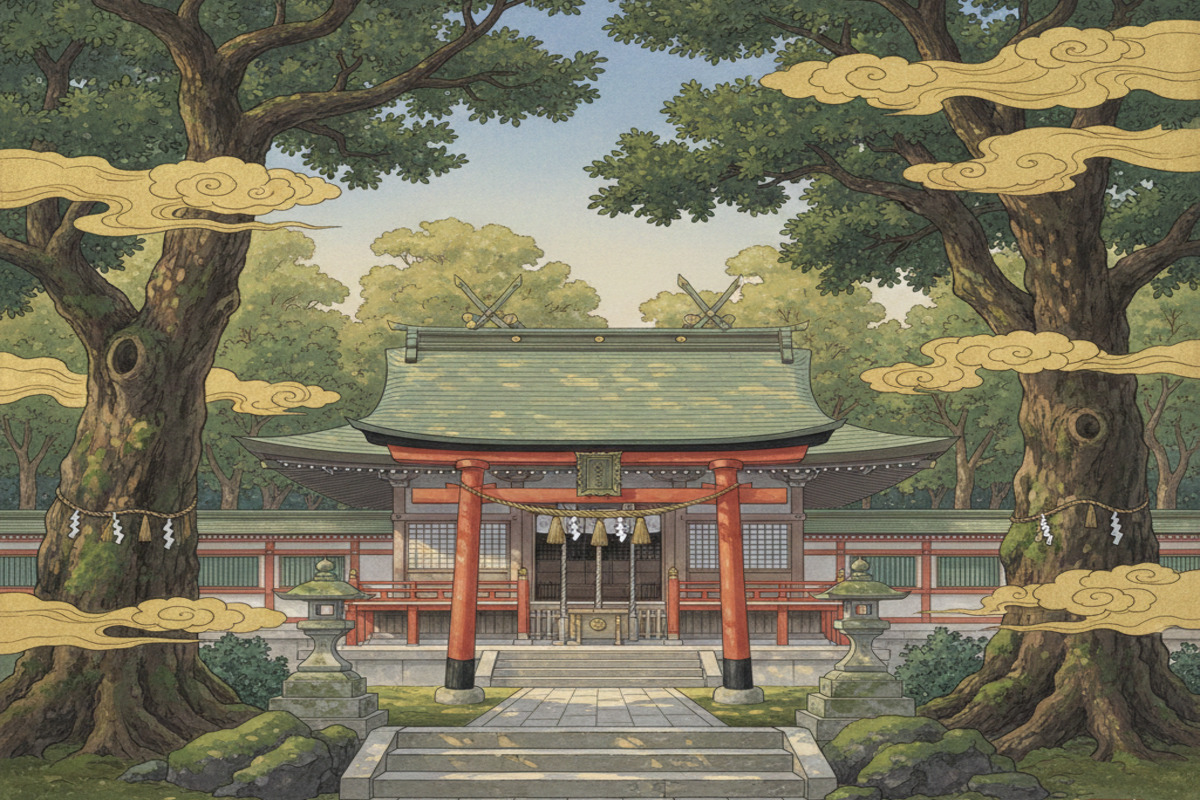 大八島の古代名が記された日本列島の地図、または国生み神話の舞台である伊弉諾神宮の社殿