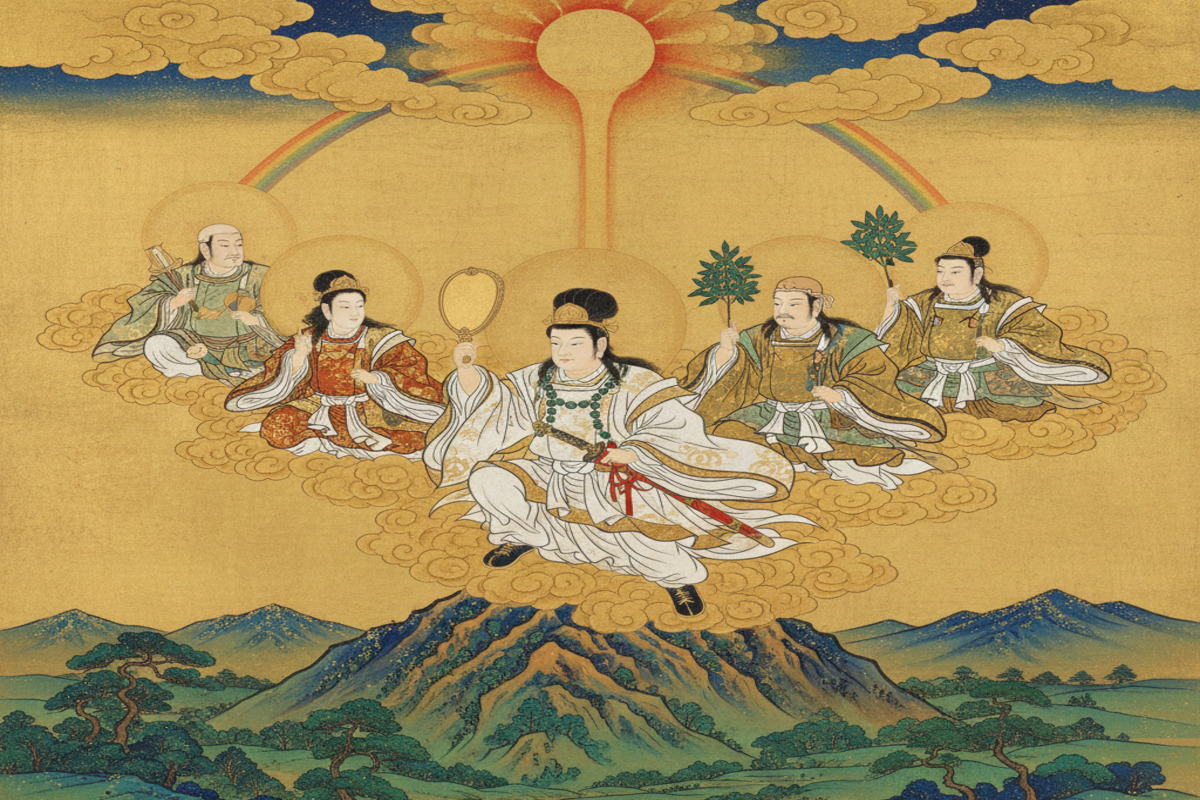 高千穂の峰に降臨するニニギノミコトと三種の神器、五伴緒の神々