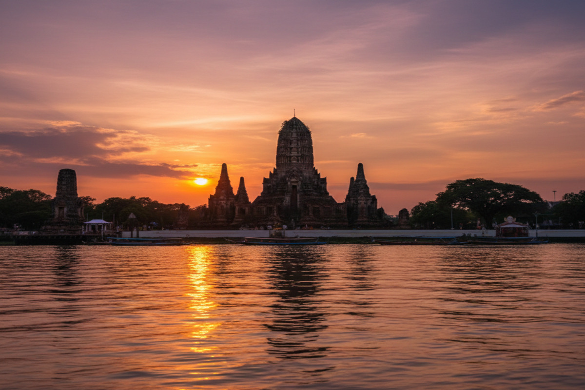夕日に映えるアユタヤのワット・チャイワタナラーム