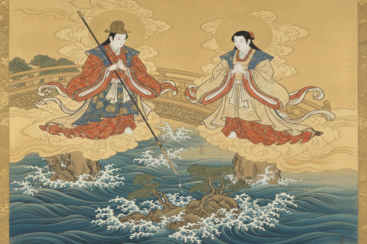 天の浮橋に立つイザナギとイザナミが天沼矛で海をかき混ぜ、おのごろ島が誕生する神話的な場面
